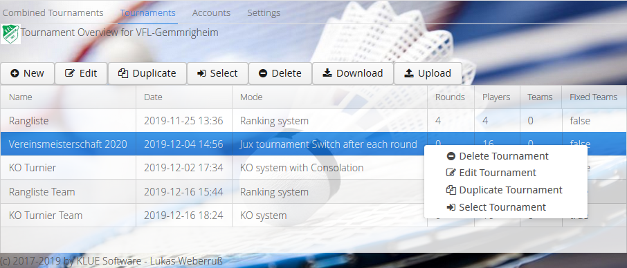 Turnierübersicht (Screenshot)